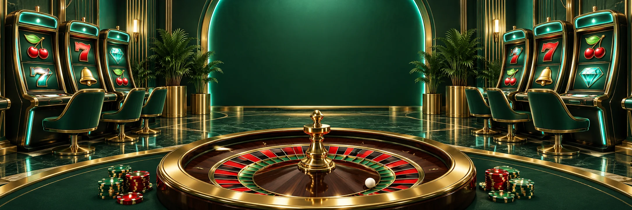 Stylized casino artwork with slot machines and a roulette wheel